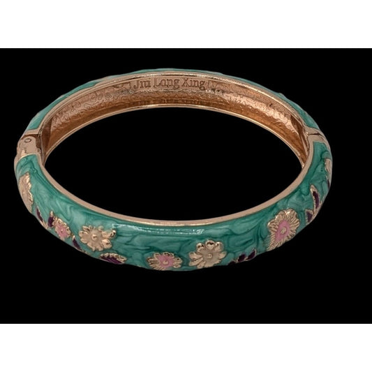 Elegant Floral Jiu Long Xing Green Enamel Hinged Bangle Bracelet