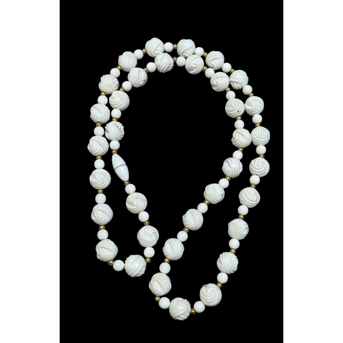 Vintage White Plastic Knot Beaded Necklace With Gold Tone Accents