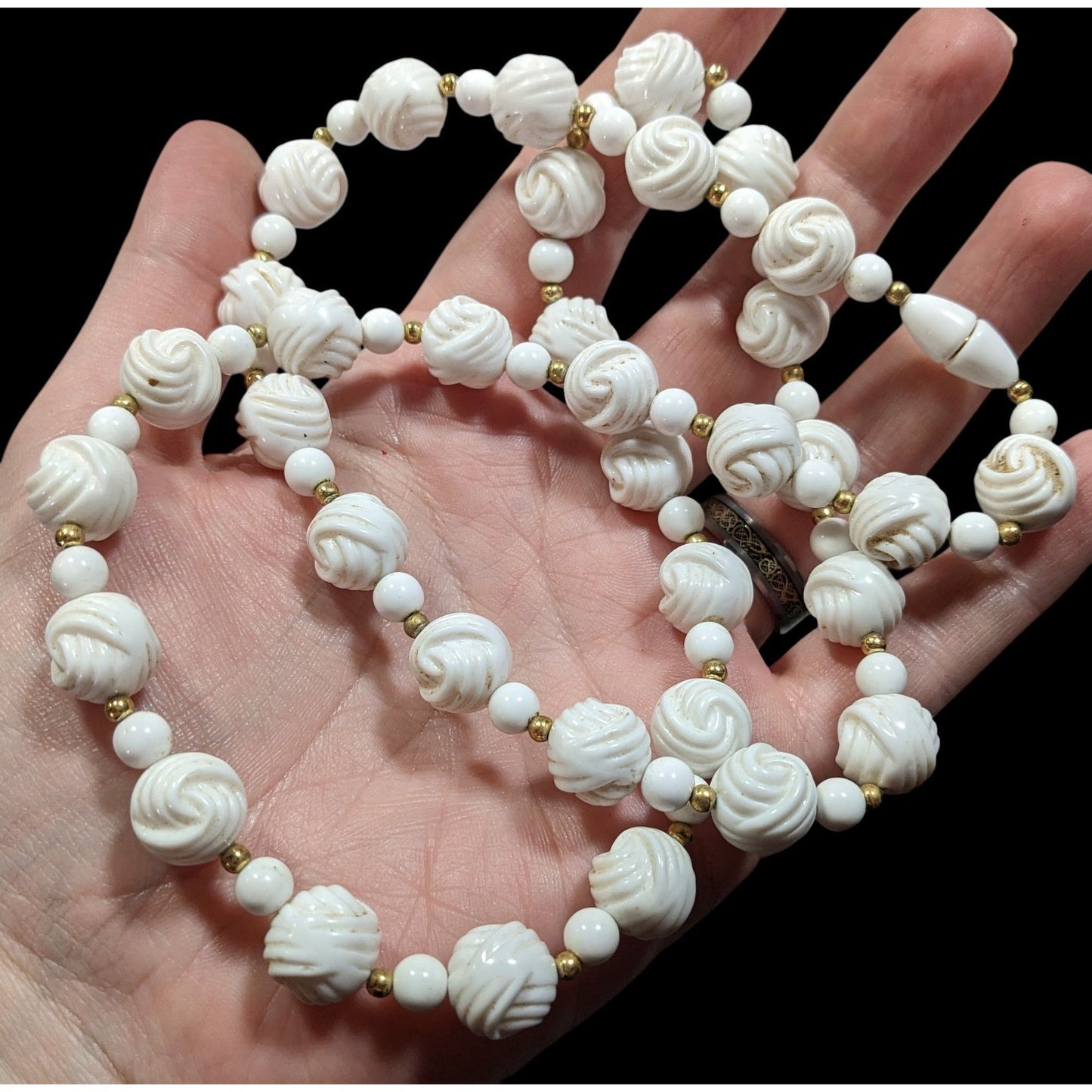 Vintage White Plastic Knot Beaded Necklace With Gold Tone Accents