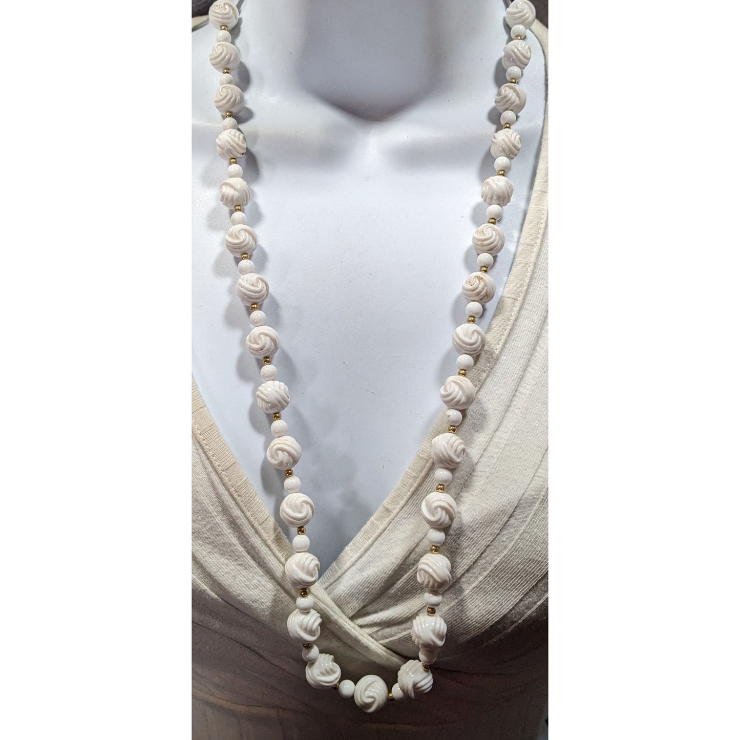 Vintage White Plastic Knot Beaded Necklace With Gold Tone Accents