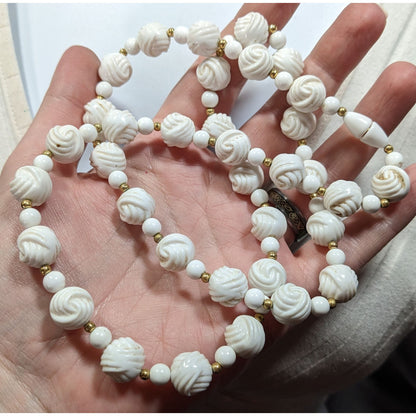 Vintage White Plastic Knot Beaded Necklace With Gold Tone Accents