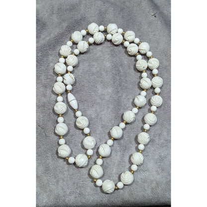Vintage White Plastic Knot Beaded Necklace With Gold Tone Accents