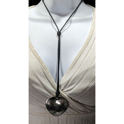 Brutalist Hammered Silver Tone Organic Disc Pendant Necklace On Black Silk Cord