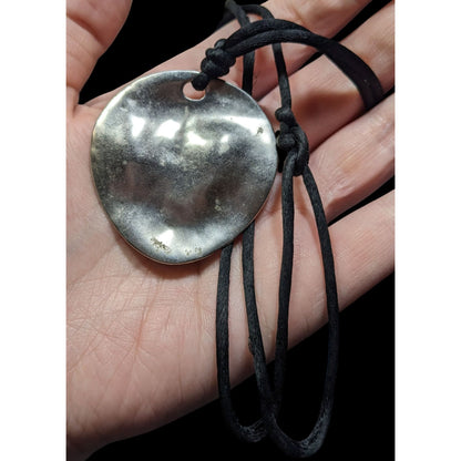 Brutalist Hammered Silver Tone Organic Disc Pendant Necklace On Black Silk Cord