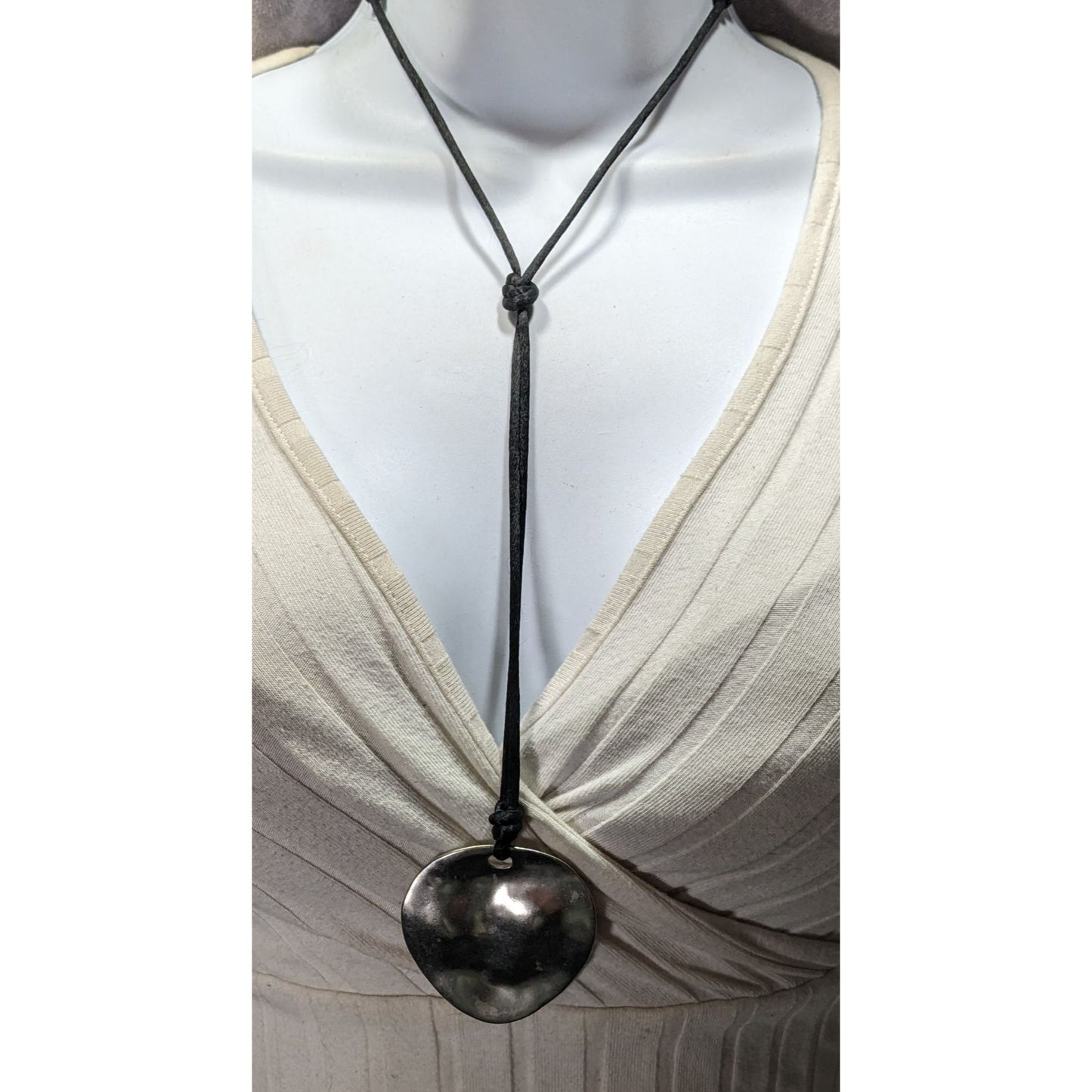 Brutalist Hammered Silver Tone Organic Disc Pendant Necklace On Black Silk Cord
