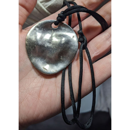 Brutalist Hammered Silver Tone Organic Disc Pendant Necklace On Black Silk Cord