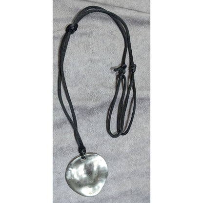Brutalist Hammered Silver Tone Organic Disc Pendant Necklace On Black Silk Cord