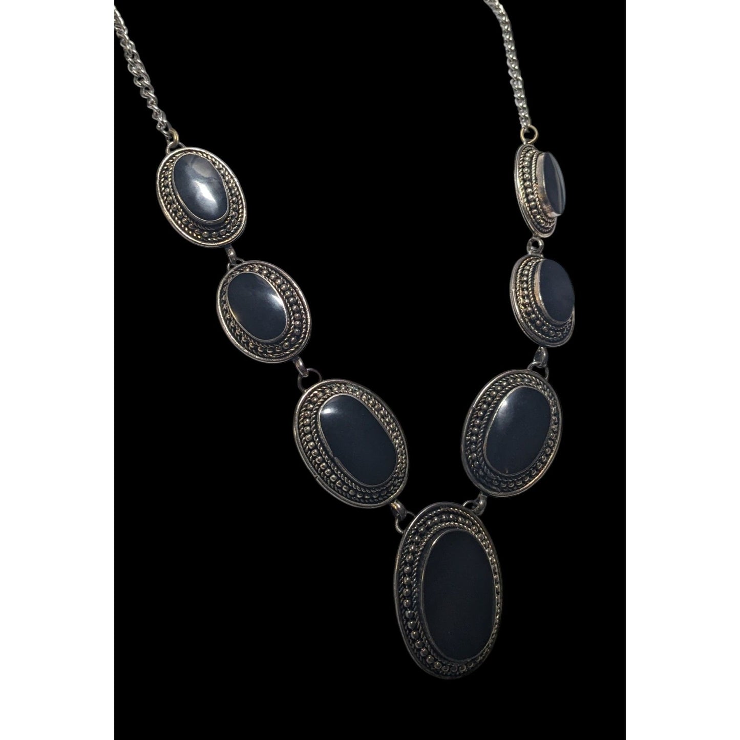 Black And Silver Enamel Cabochon Necklace