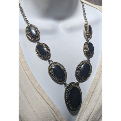 Black And Silver Enamel Cabochon Necklace