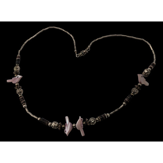 Vintage Native Pink Bird Liquid Silver And Mother Of Pearl Beaded Necklace