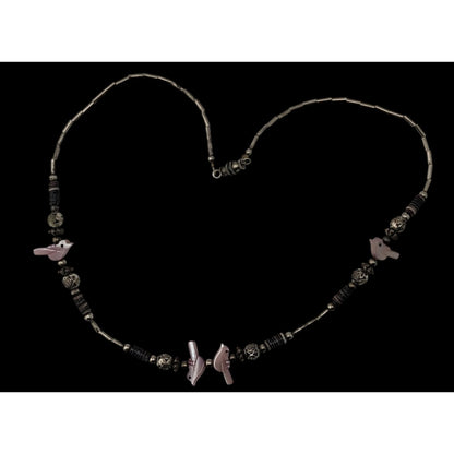 Vintage Native Pink Bird Liquid Silver And Mother Of Pearl Beaded Necklace