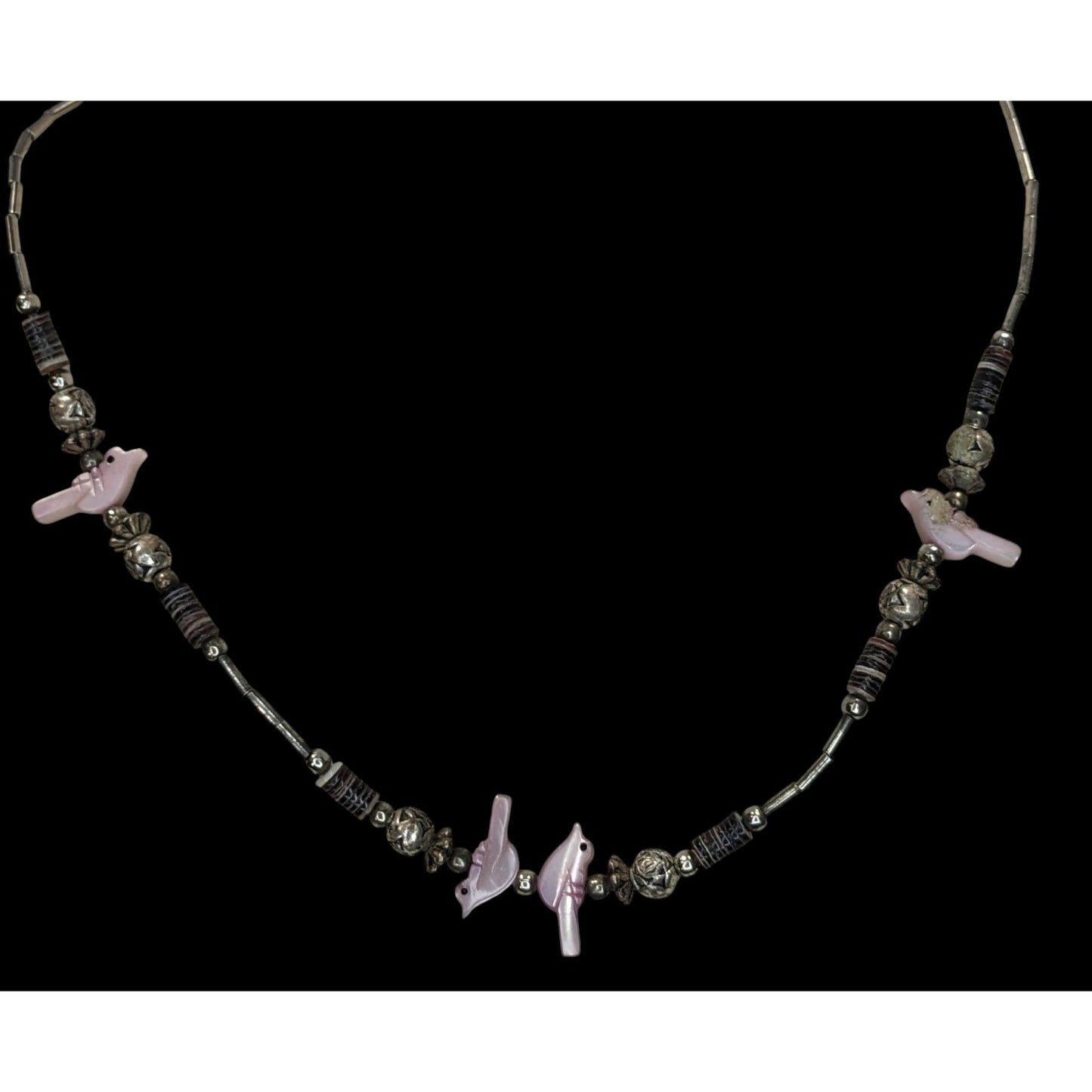 Vintage Native Pink Bird Liquid Silver And Mother Of Pearl Beaded Necklace
