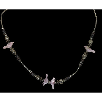 Vintage Native Pink Bird Liquid Silver And Mother Of Pearl Beaded Necklace