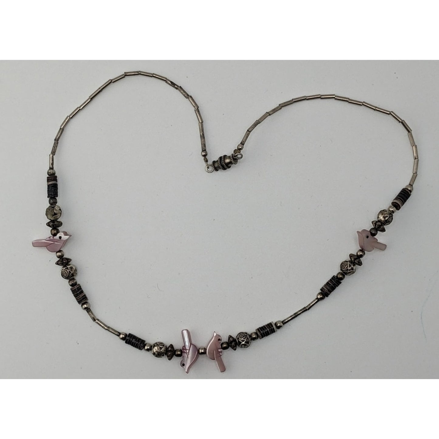 Vintage Native Pink Bird Liquid Silver And Mother Of Pearl Beaded Necklace