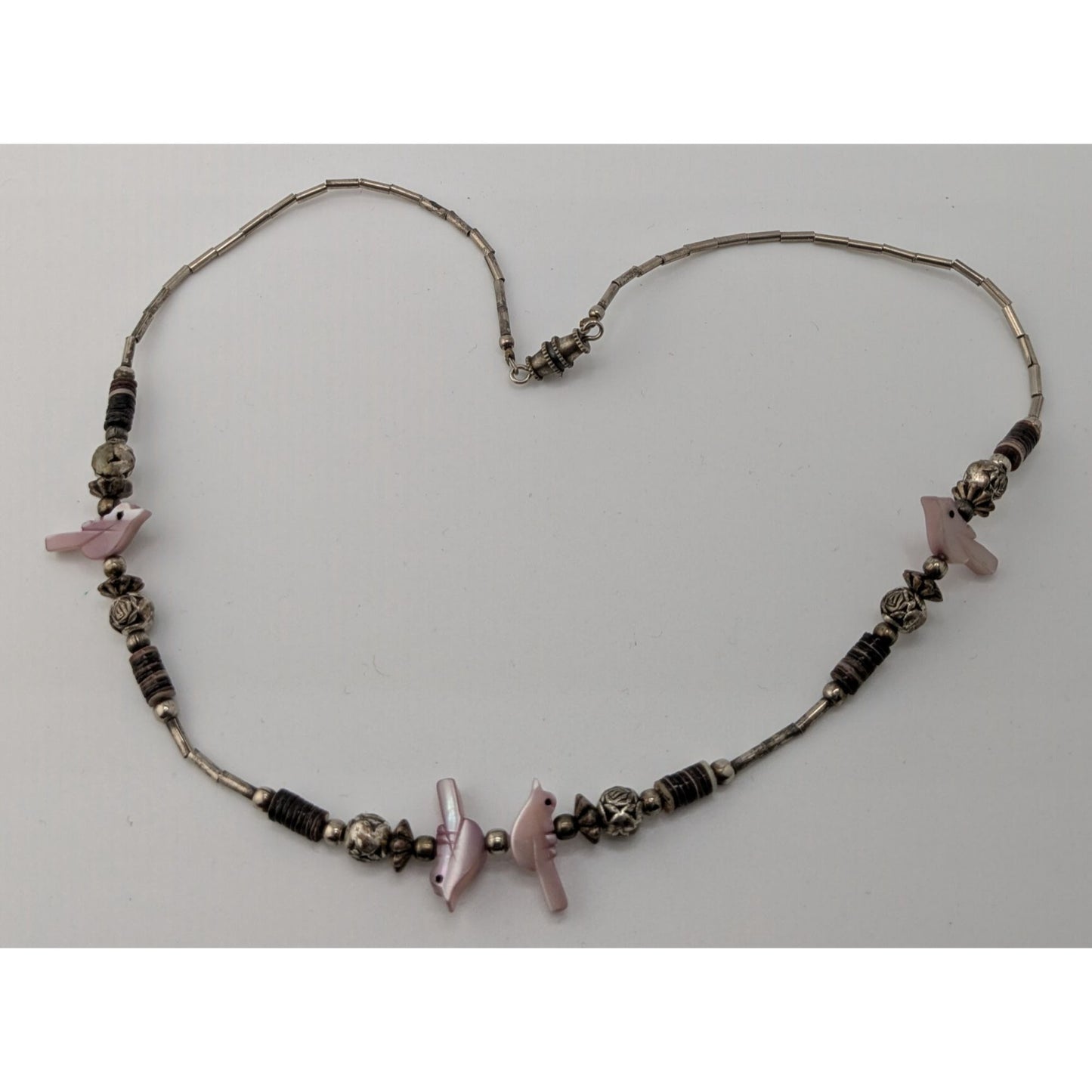 Vintage Native Pink Bird Liquid Silver And Mother Of Pearl Beaded Necklace