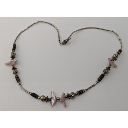 Vintage Native Pink Bird Liquid Silver And Mother Of Pearl Beaded Necklace