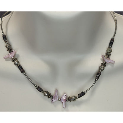 Vintage Native Pink Bird Liquid Silver And Mother Of Pearl Beaded Necklace