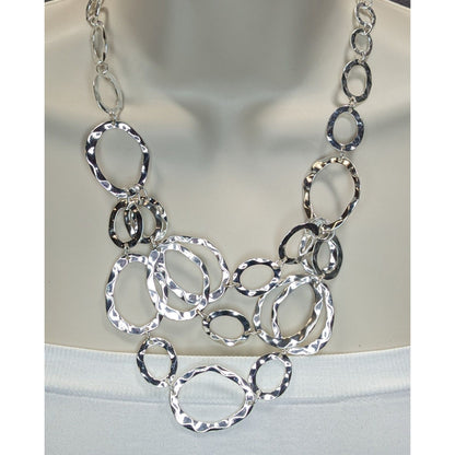 Brutalist Modern Hammered Silver Bib Necklace Layered Oval Rings Statement Jewelry