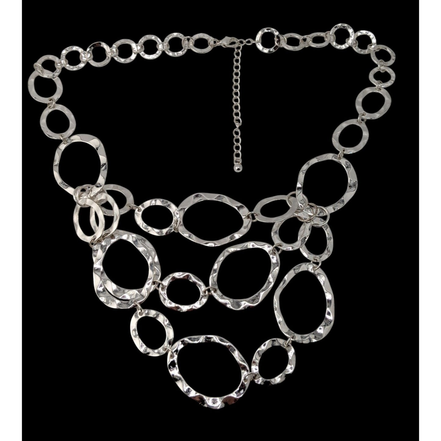 Brutalist Modern Hammered Silver Bib Necklace Layered Oval Rings Statement Jewelry