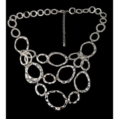 Brutalist Modern Hammered Silver Bib Necklace Layered Oval Rings Statement Jewelry
