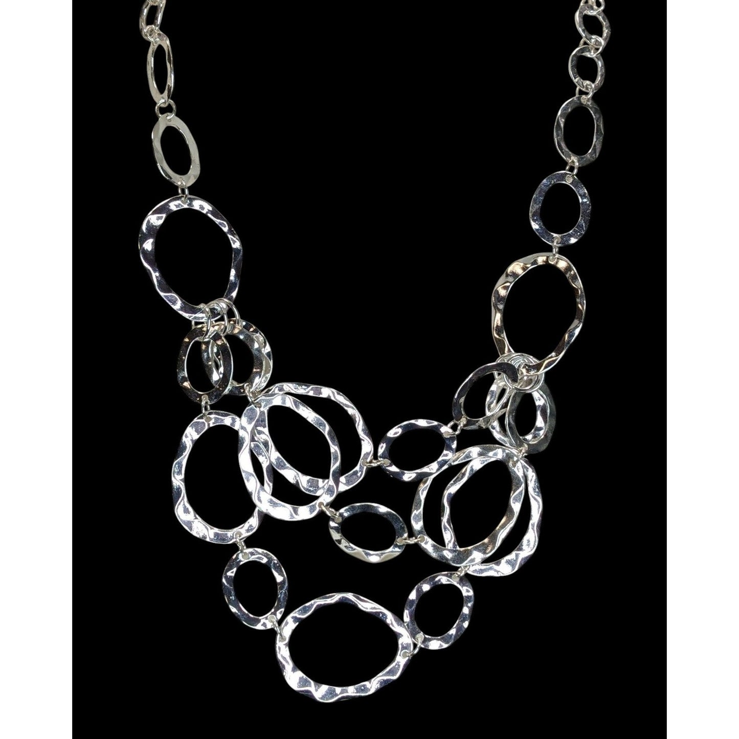 Brutalist Modern Hammered Silver Bib Necklace Layered Oval Rings Statement Jewelry