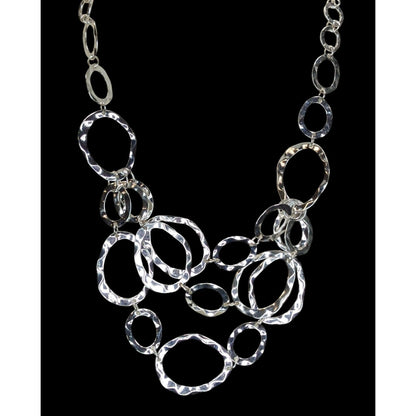 Brutalist Modern Hammered Silver Bib Necklace Layered Oval Rings Statement Jewelry