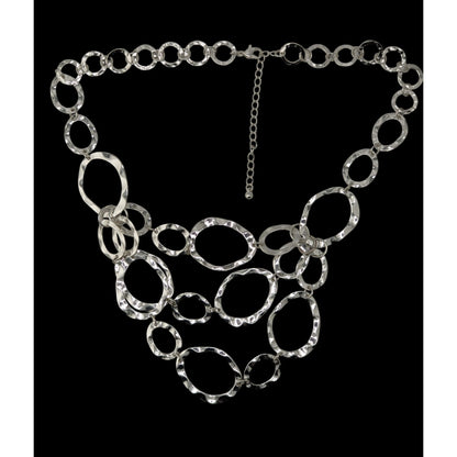 Brutalist Modern Hammered Silver Bib Necklace Layered Oval Rings Statement Jewelry