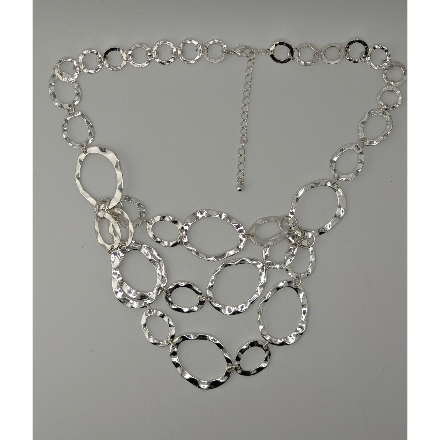 Brutalist Modern Hammered Silver Bib Necklace Layered Oval Rings Statement Jewelry