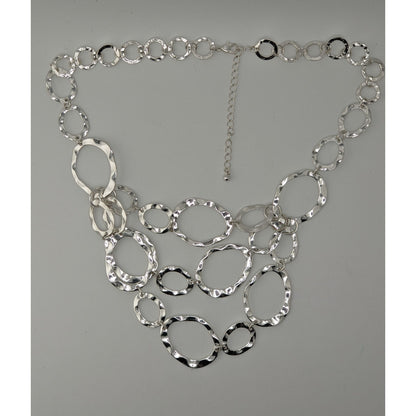 Brutalist Modern Hammered Silver Bib Necklace Layered Oval Rings Statement Jewelry