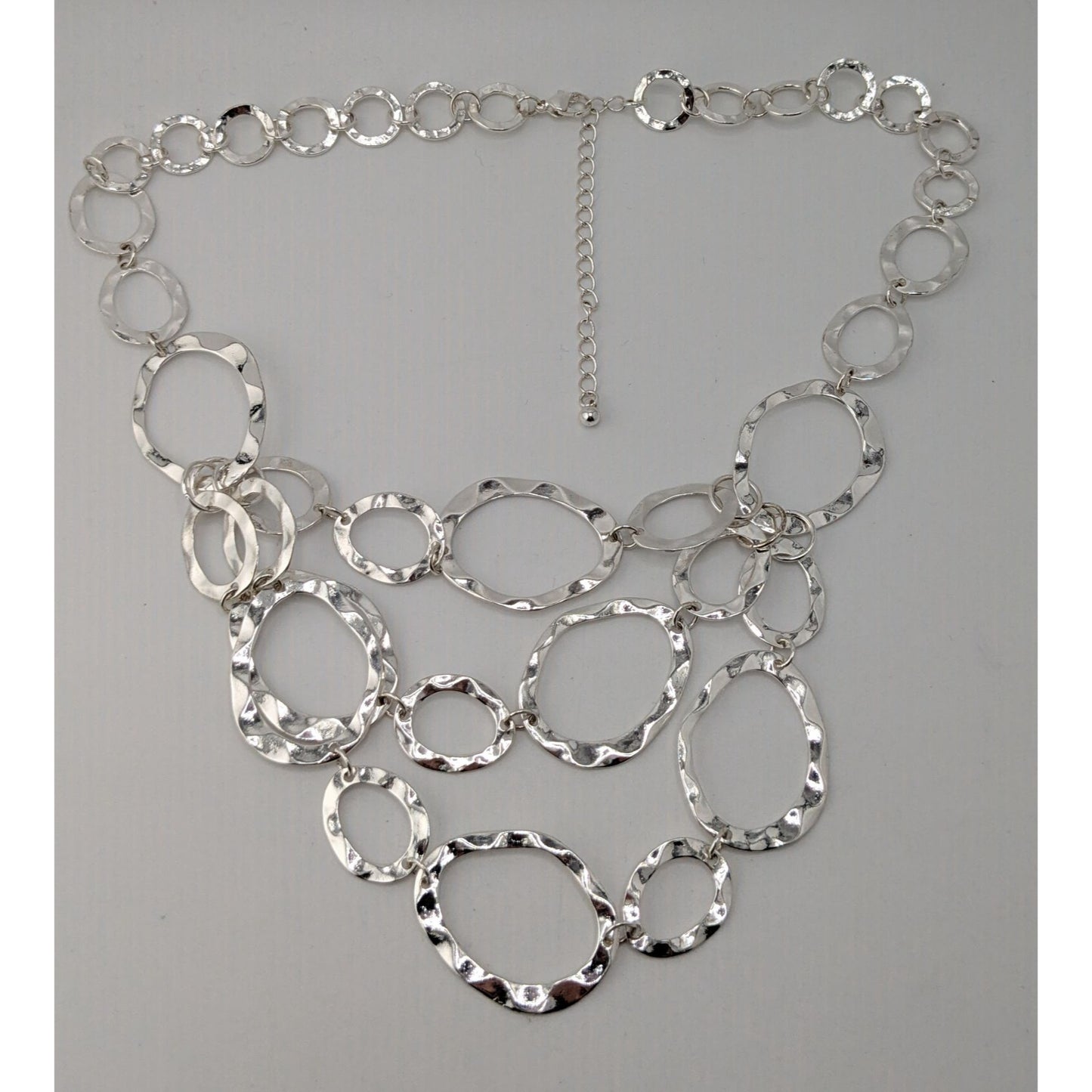 Brutalist Modern Hammered Silver Bib Necklace Layered Oval Rings Statement Jewelry