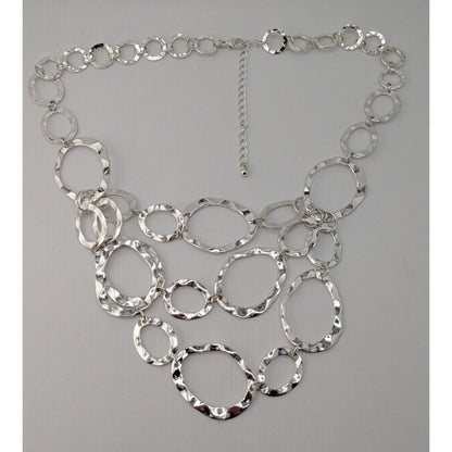 Brutalist Modern Hammered Silver Bib Necklace Layered Oval Rings Statement Jewelry
