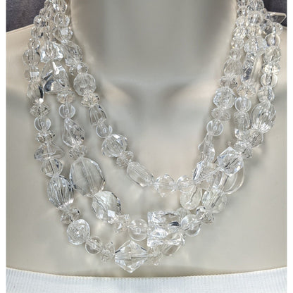 Coquette Ice Clear Acrylic Triple Strand Chunky Beaded Necklace 16 Inch