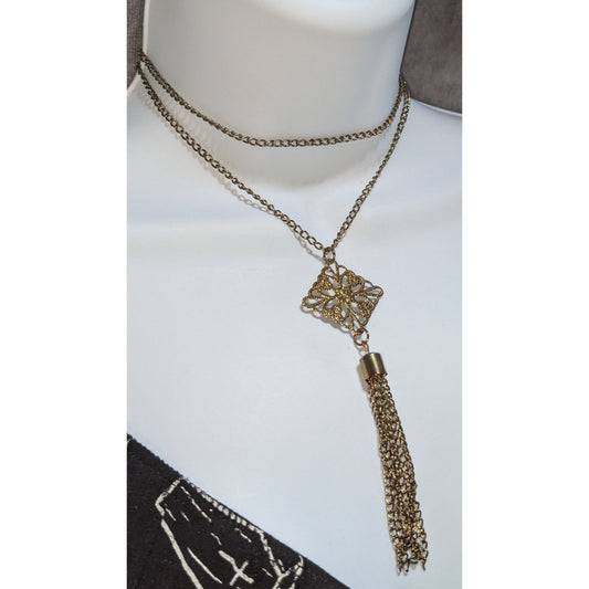 Gold Filigree Tassel Necklace Long Pendant Vintage Inspired Boho Victorian