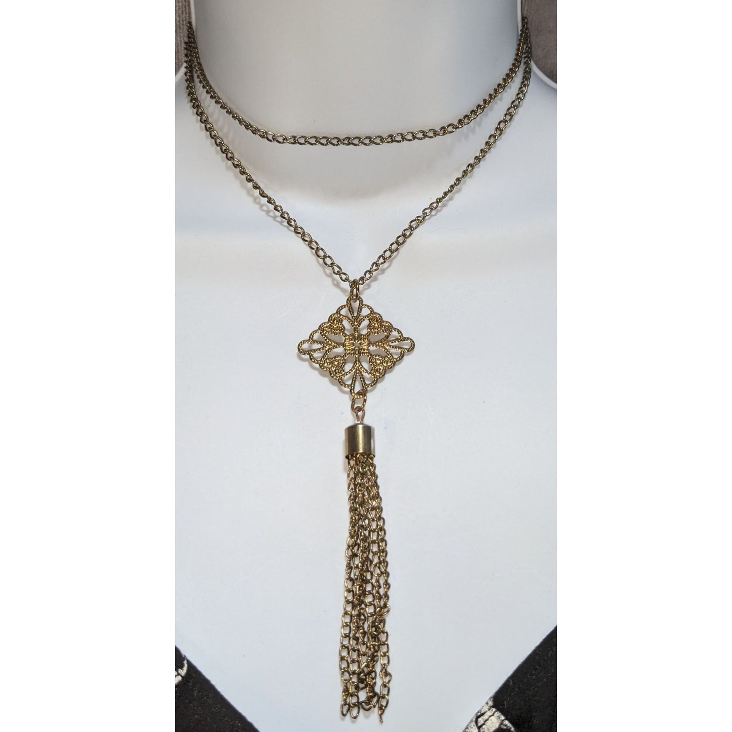 Gold Filigree Tassel Necklace Long Pendant Vintage Inspired Boho Victorian