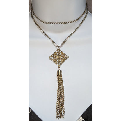 Gold Filigree Tassel Necklace Long Pendant Vintage Inspired Boho Victorian