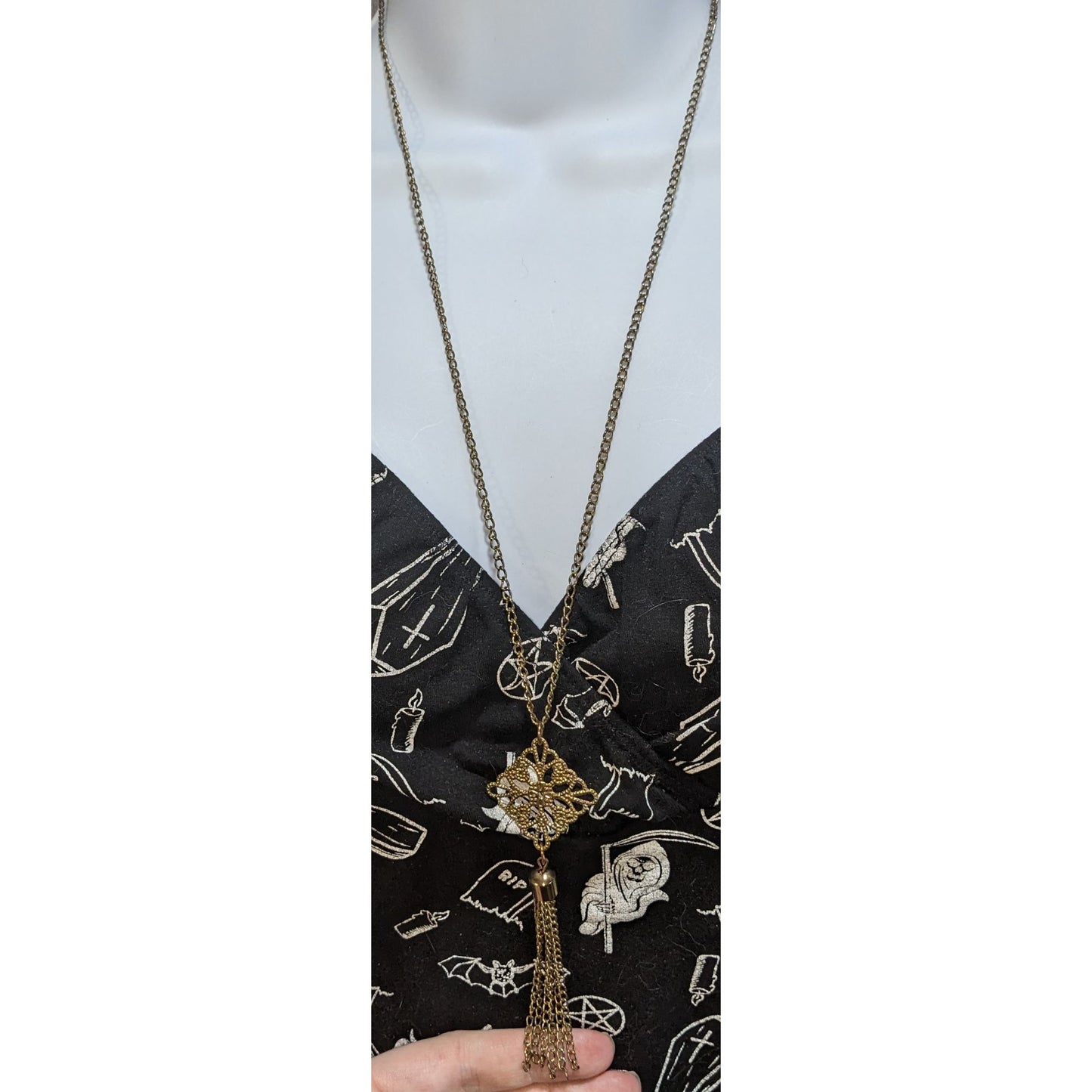 Gold Filigree Tassel Necklace Long Pendant Vintage Inspired Boho Victorian
