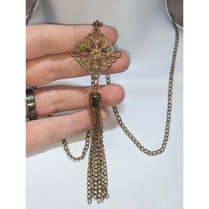 Gold Filigree Tassel Necklace Long Pendant Vintage Inspired Boho Victorian