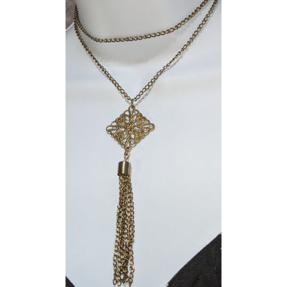 Gold Filigree Tassel Necklace Long Pendant Vintage Inspired Boho Victorian