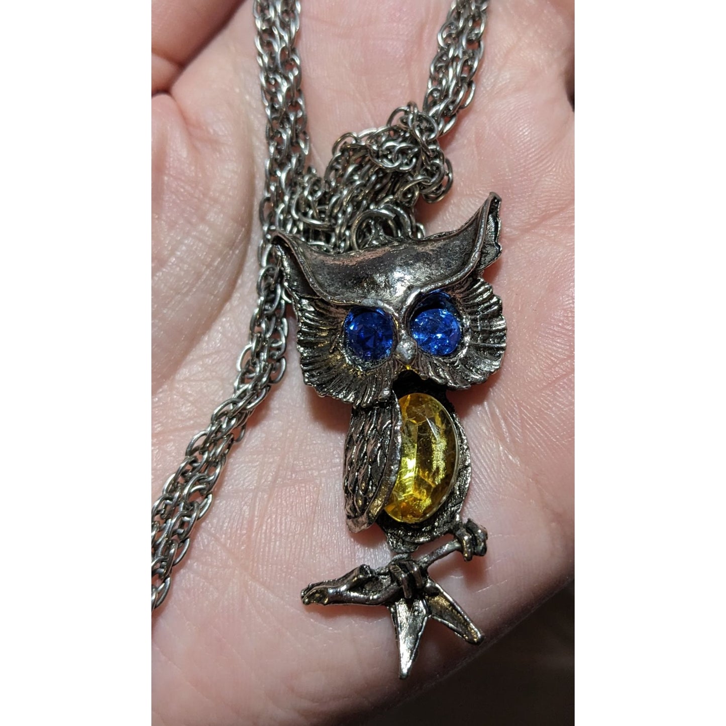 Blue And Yellow Gemmed Steampunk Owl Necklace