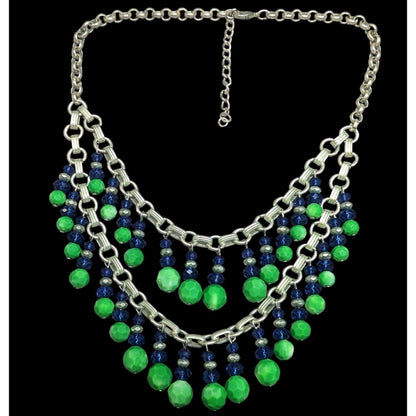 Funky Blue And Green Beaded Multilayer Fringe Necklace