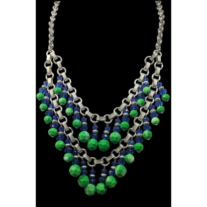 Funky Blue And Green Beaded Multilayer Fringe Necklace