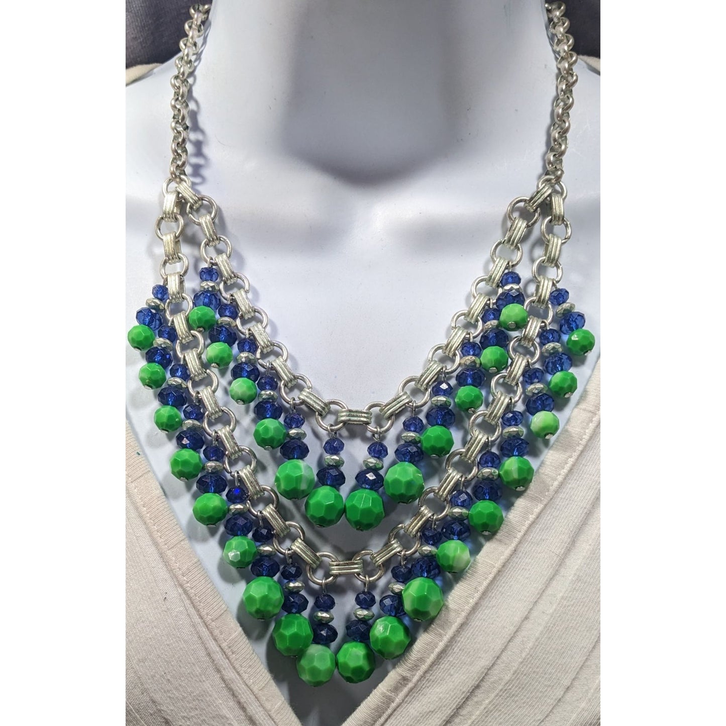 Funky Blue And Green Beaded Multilayer Fringe Necklace