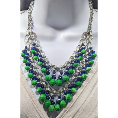Funky Blue And Green Beaded Multilayer Fringe Necklace