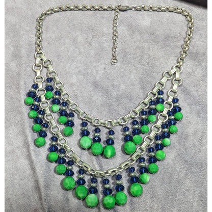 Funky Blue And Green Beaded Multilayer Fringe Necklace