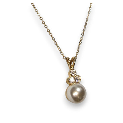 Romantic Bridal Faux Pearl Gold Tone Rhinestone Pendant Necklace 17 Inch