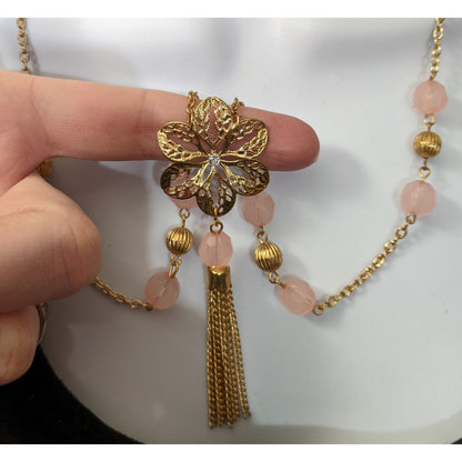 Pink And Gold Filigree Flower Tassel Necklace