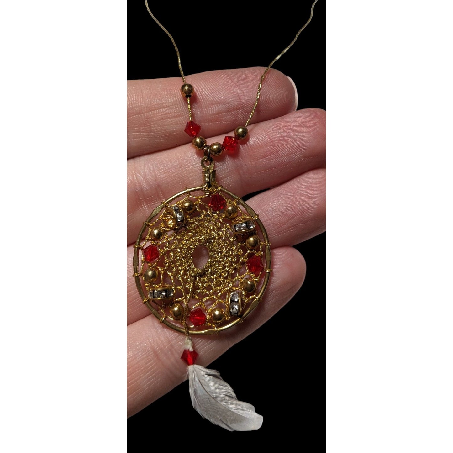 Gold Beaded Feather Dreamcatcher Necklace