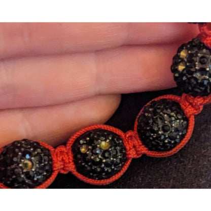 Black Rhinestone Beaded Red Macrame Bracelet