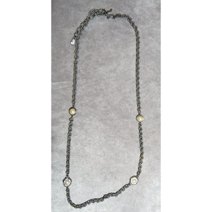 Vintage Liz Claiborne Silver Floral Pearl Chain Necklace