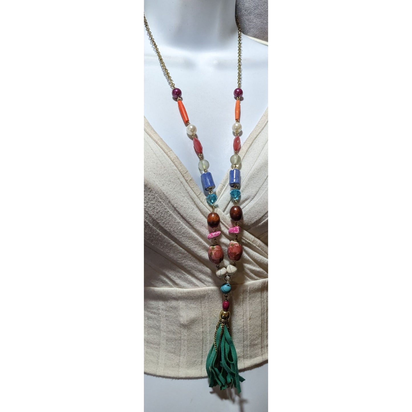 Bohemian Rainbow Beaded Tassel  Necklace